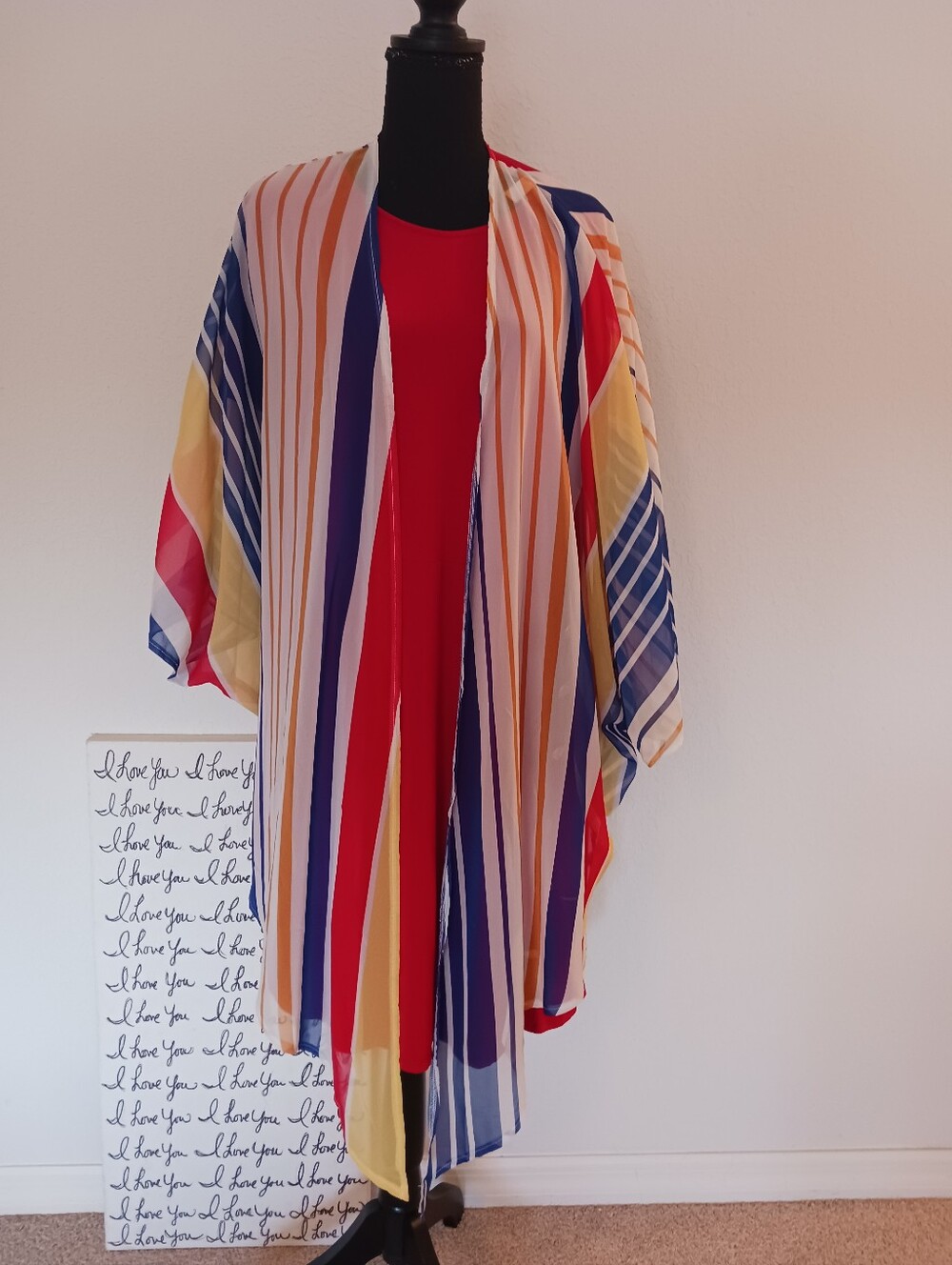 Leo Rosi Striped Sheer Kimono Wrap Cover-Up Sz L EUC